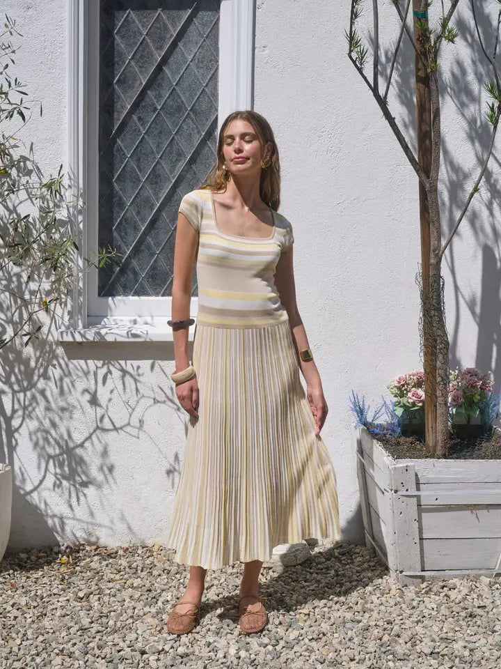 color striped pleated dress Color Block Pleated Sleeveless Maxi Dress Large / Navy/Green