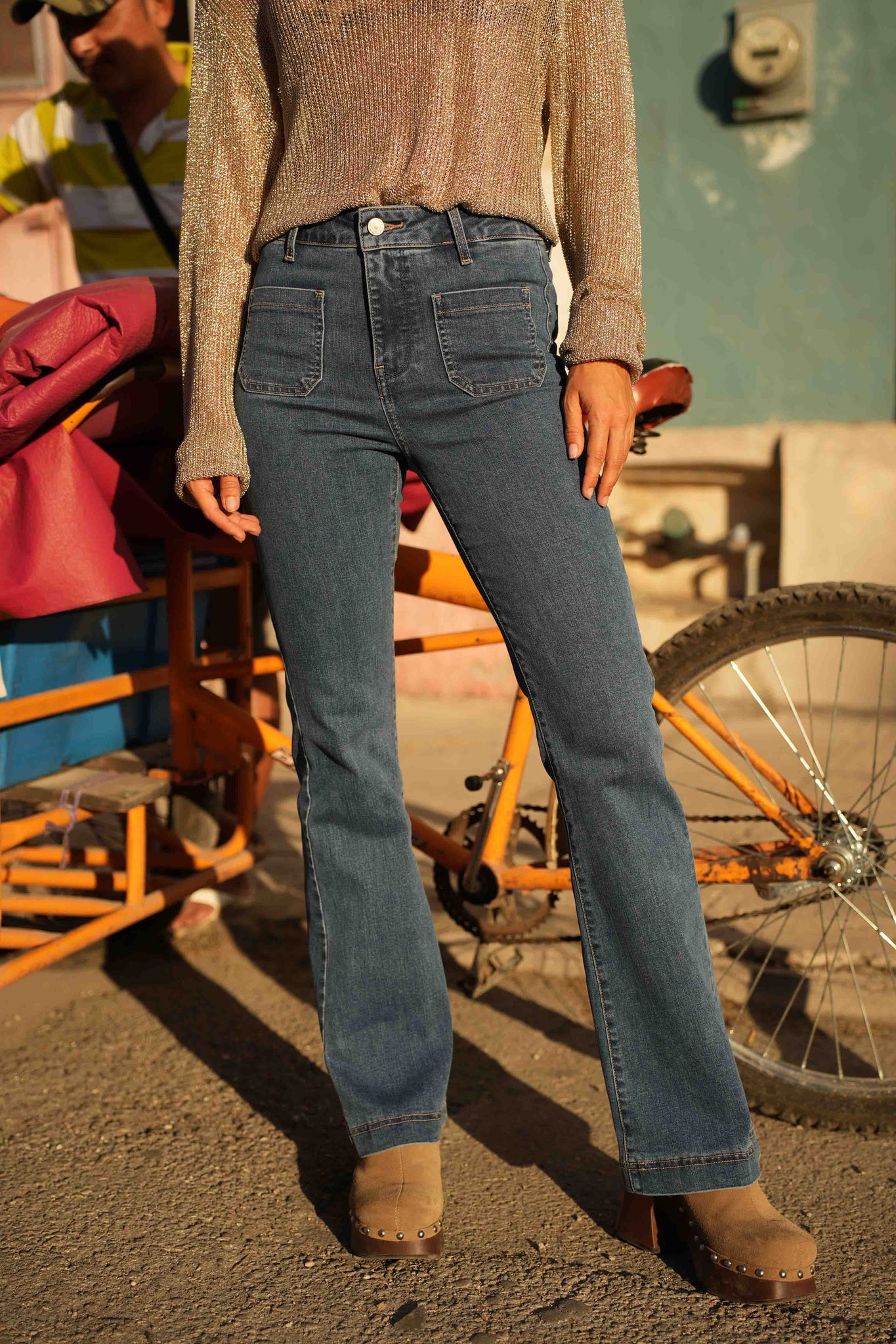 Mid Waist Flare with pockets- Light Indigo/ Regular Length