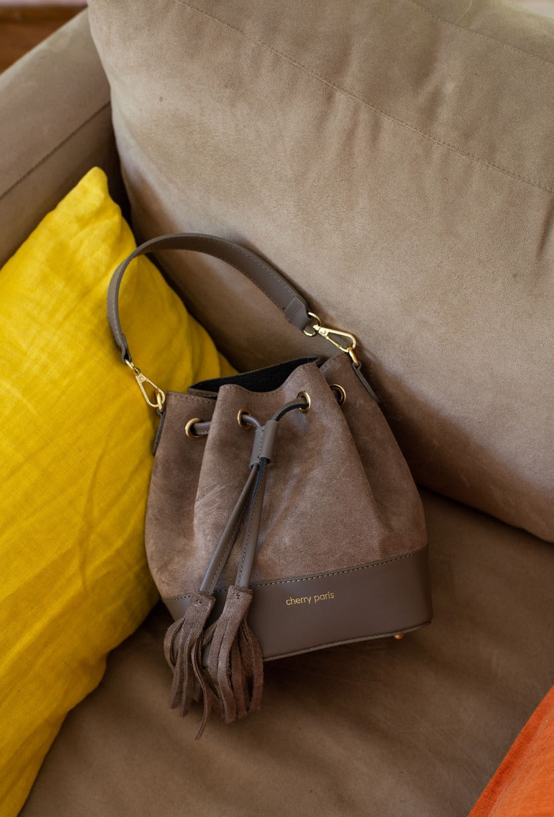 Made in Italy 100% cowhide bucked taupe bag- Designed in Paris