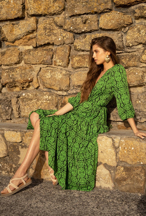 Green graphic wrap dress