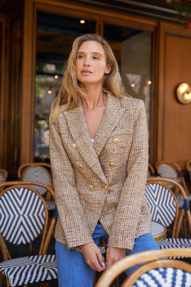 Double-breasted blazer jacket in golden thread tweed