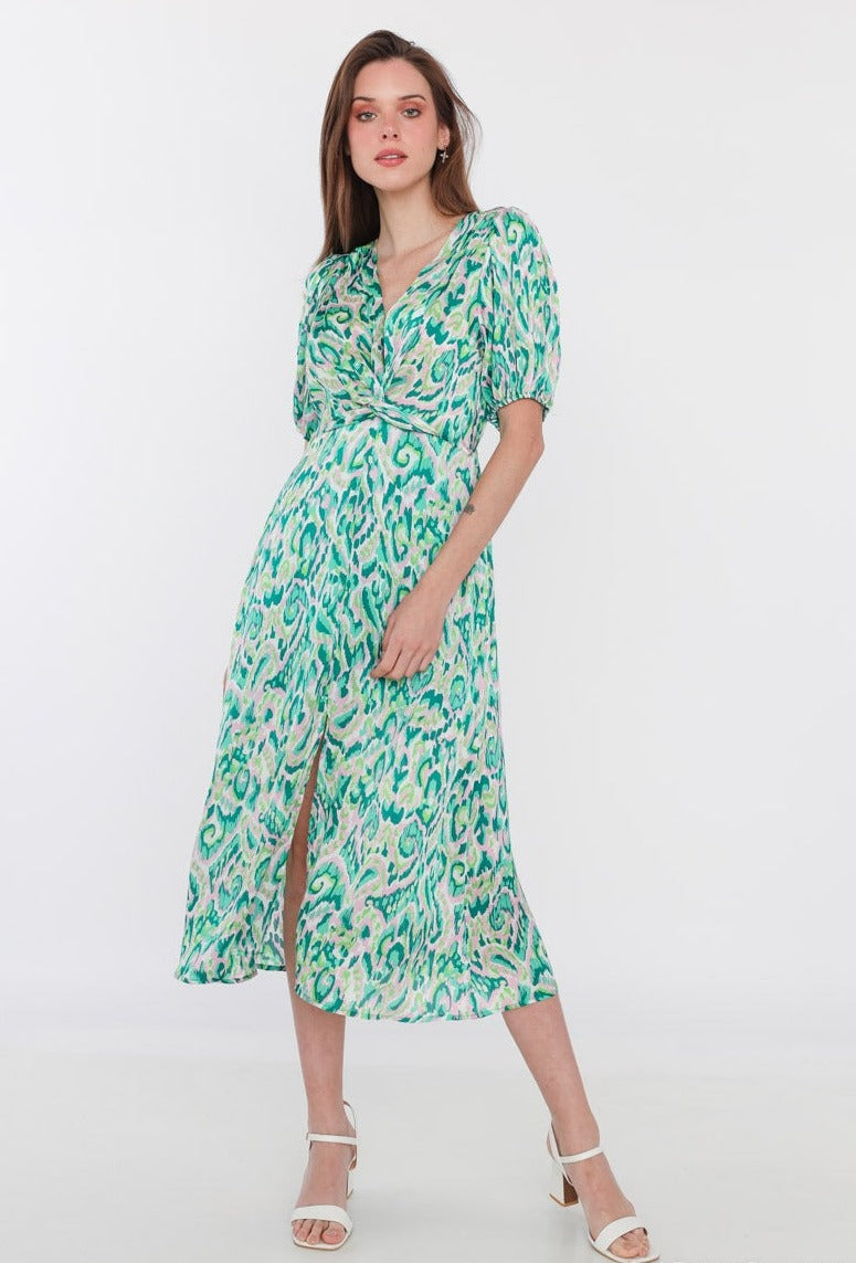 Abstract printed shiny dress split front green