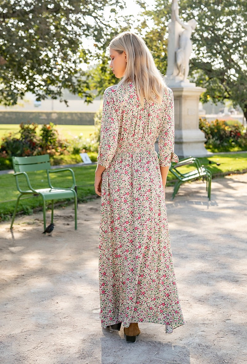 Maxi button-front floral pink and Beige dress with slit and 3/4 sleeves