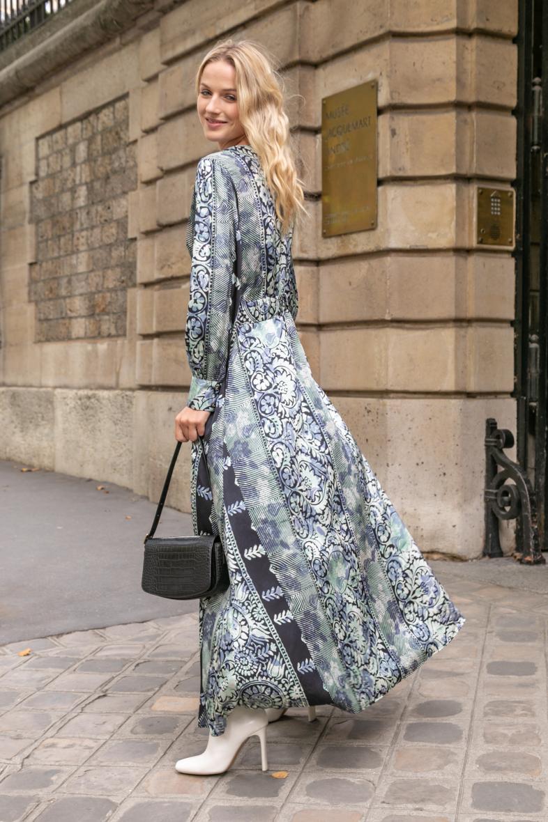Long flowing dress with print, crossover, flared cut