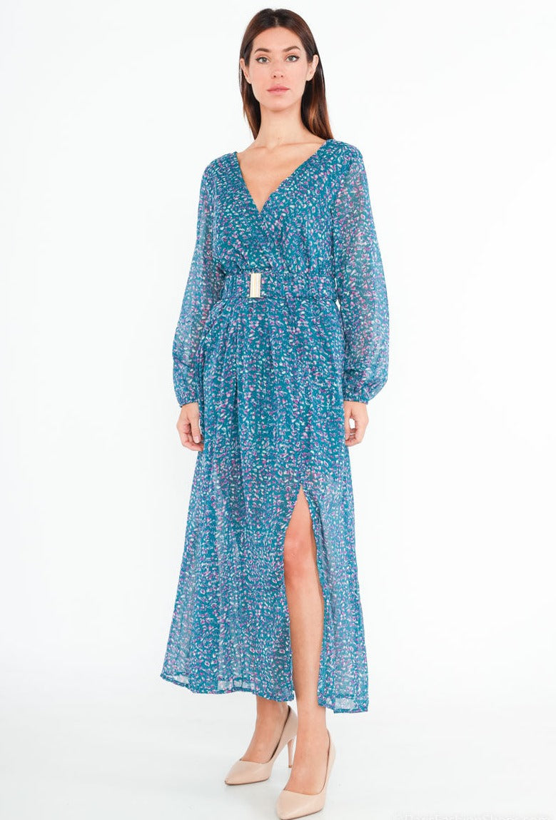 Long printed wrap dress with skirt open on the side