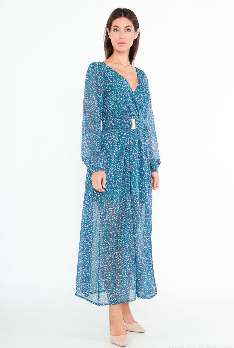Long printed wrap dress with skirt open on the side