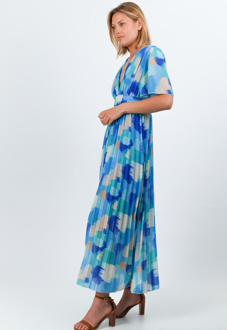 Blue Printed pleated long dress with viscose lining