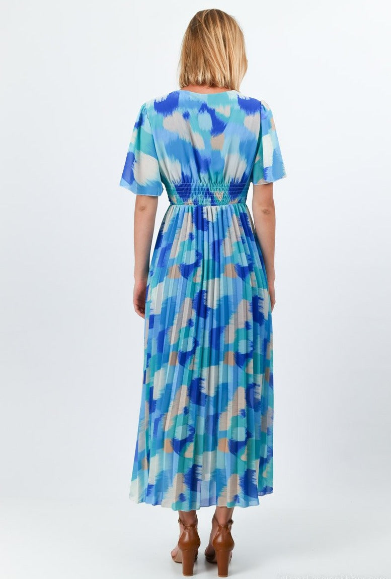 Blue Printed pleated long dress with viscose lining