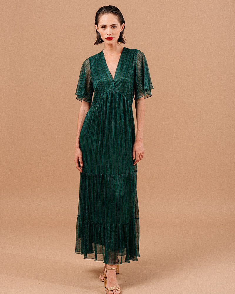 Green maxi dress in pleated lurex mesh