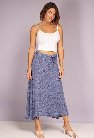 Buttoned floral doted skirt- blue