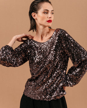 Shiny sequins top with puffy sleeves chocolat