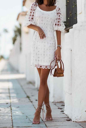 Flower embroidered off white dress