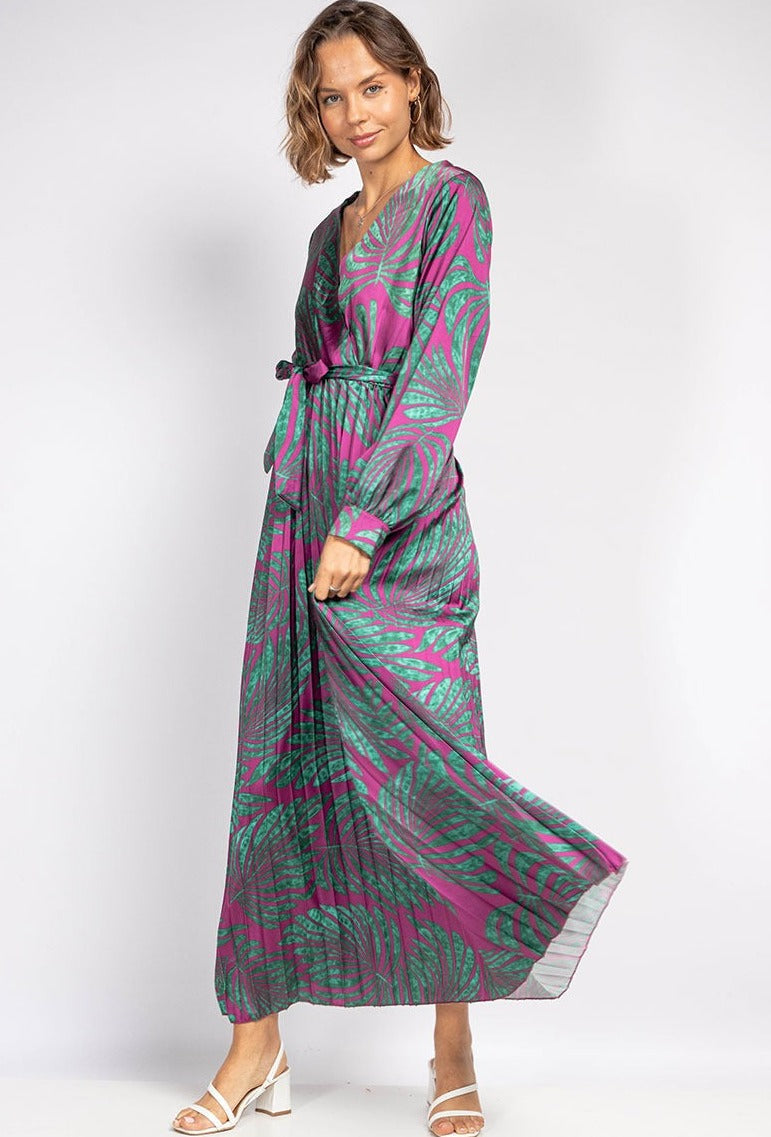 Fatima Pleated Dress- Green and Pink