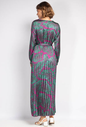Fatima Pleated Dress- Green and Pink