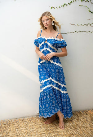 Blue Cotton Maxi Dress guipure detail